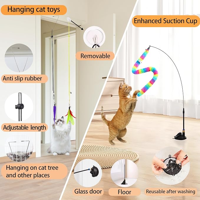 Soarer 4in1 Interactive Cat Wand Toys with Suction Cup for Indoor Cat,12Pcs | Enhanced Suction Cup,Fishing Pole Cat Stick Toy Replacement,2 Types Door Hanging Cat String Toy for Indoor Kitten Self Play