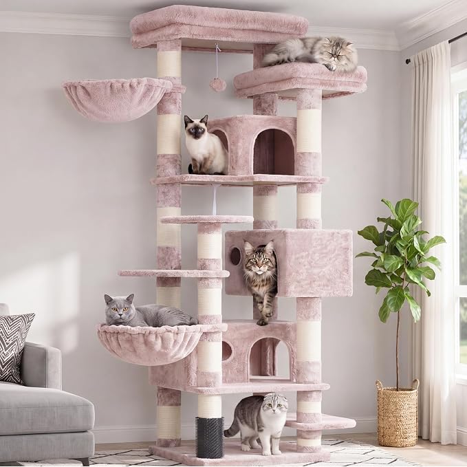 Hey-brother Cat Tree, 74 inches Multi-Level XL Large Cat Tower for Indoor Cats with Three Cat Condos, Two Large Top Decks and Cat Hairbrushfor Kittens, Cats and Pets,Muchroom MPJ035-MMU