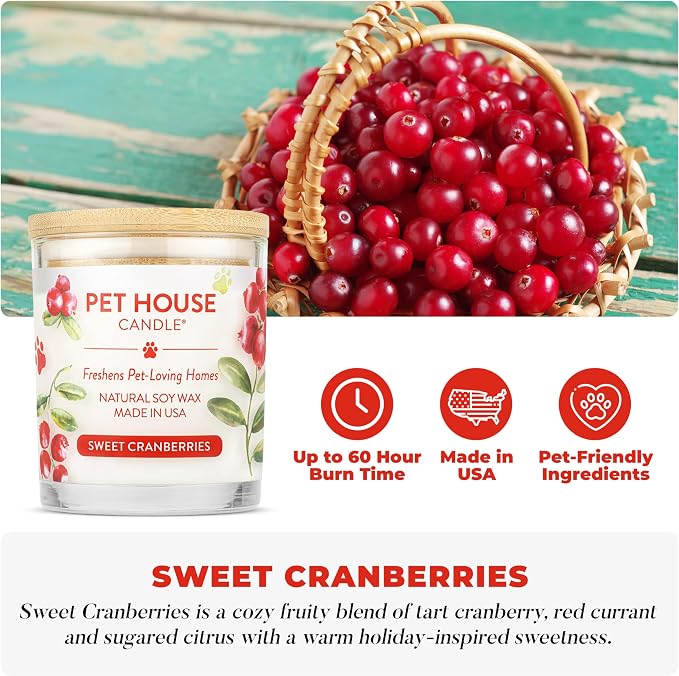 Pet House Cranberry Candle Plant Based Clean Burning Scented, Long Lasting Pet Odor Candle for Home - Sweet Cranberries