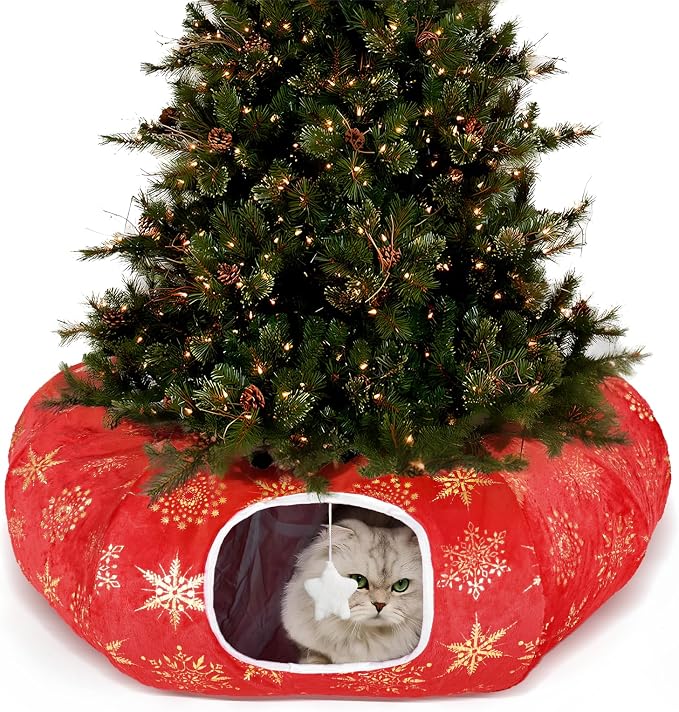 Cat Tunnel Bed for Indoor Cats, L Christmas Tree Skirts Washable Warm Soft Indoor Cat Donut Tunnel, Multifunctional Cat Interactive Playground Toys for Felines Pet Christmas Tree Decoration