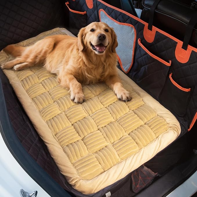 Soulbond Dog Bed for Car Back Seat Plush Backseat Pet Bed Mat, Light Brown | Non-Slip Travel Pet Mat, Fuzzy Plaid Dog Seat Cover, Fit for Backseat Extenders and Trucks SUVs