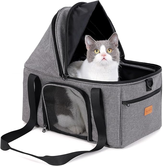 BurgeonNest Top-Expandable Cat Carrier with Semi-Open Canopy, Up to 15 lbs | Soft Sided Cat Bag Carrier for Medium Large Pet, Upgraded Small Dog Car Seat, Puppy Travel Bag for Trip Features Safety Leash