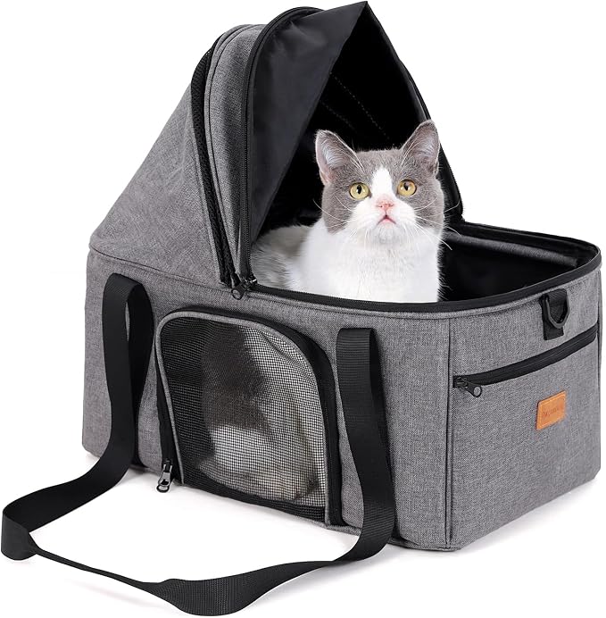 BurgeonNest Top-Expandable Cat Carrier with Semi-Open Canopy, Up to 25 lbs | for Medium Large Pet, Upgraded Small Dog Car Seat, Pet Travel Bag for Trips