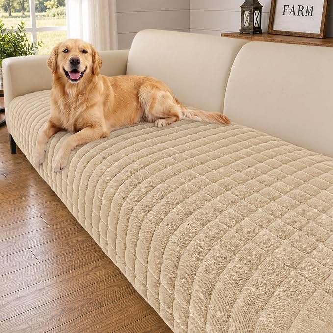 Smiry Velvet Couch Cover for Dogs, Non Slip Soft Sofa Protector for Pets | Washable Sofa Cover for Cats, Cozy Furniture Protector Against Pet Hair, Scratches, Fits Sectional Sofa(Khaki, 36"x47")