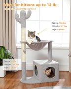 MUTTROS Cactus Cat Tree Cat Scratching Post 40" Cat Tower with Large Metal Carpet Hammock, Cat Scratching Post for Indoor Cats with Condo& Dangling Ball, Grey