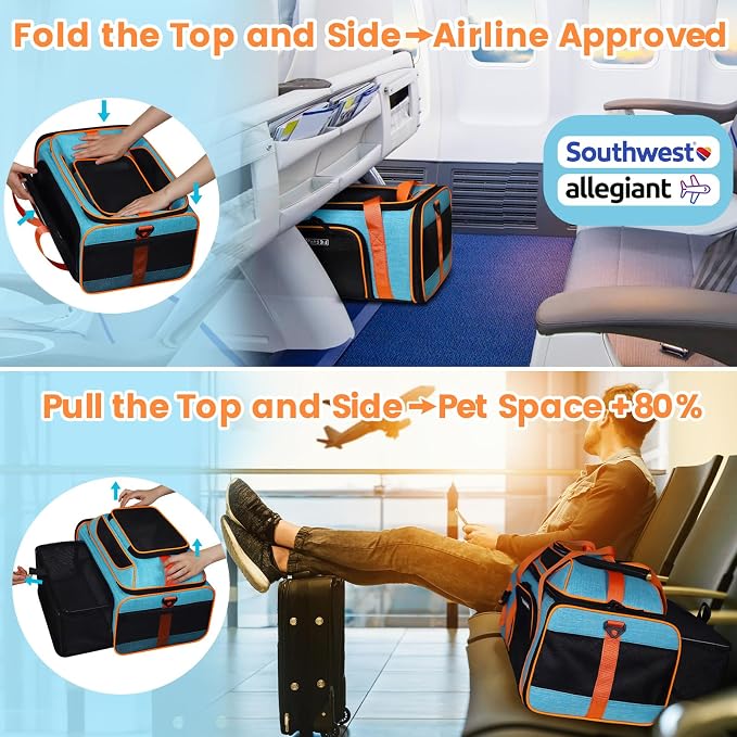 Petskd Top and Side Expandable Pet Carrier Airline Approved, Blue | 19"L x 13"W x 9"H, for Southwest Allegiant Airlines, Lockable Safety Zippers and Anti-Scratch Mesh, Pets Under 12 lbs