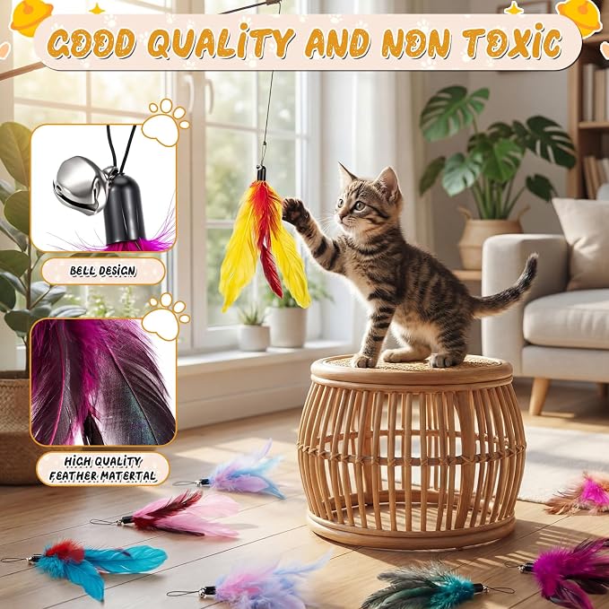 Leitee 50 Pcs Cat Feather Toys Bulk Refills Cat Wand Replacement Feathers Toy Interactive for Indoor Cats Kitten Worm Toy for Cats (Vibrant Color,Classic Style)