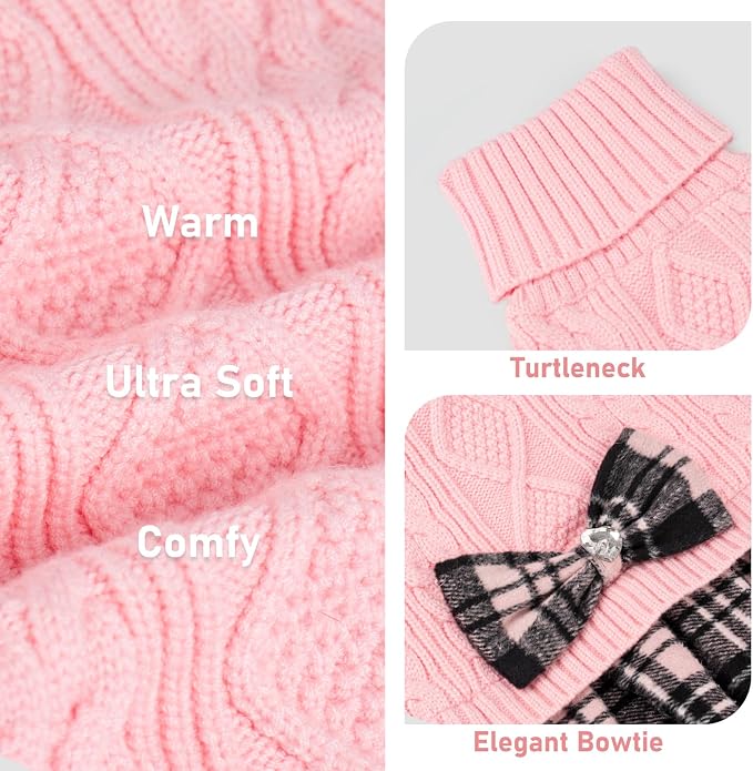 KYEESE Dog Sweater Dress Turtleneck Thick Knit Pullover for Cold Weather | Stretchy Fit, Lightweight & Warm, Cozy Knit Comfort, Cute Bow Accent, Gentle on Sensitive Skin, Comfortable Daily Wear