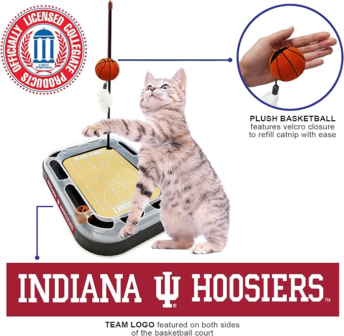 Cat Scratch Toy NCAA Indiana Hoosiers Reversible Basketball Court Felt/Cardboard Cat Scratcher Toy. Interactive Cat Ball Bell in Tracks. 6-in-1 CAT Toy Cat Wand Poll, Catnip-Filled Plush Basketball