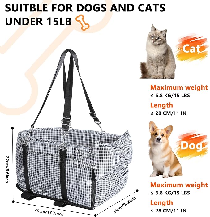 Center Console Dog Car Seat Dog Bed for Car Console Portable Armrest Booster Seat Carrier for Small Medium Dogs Anti-Collapse for Puppy Pet Up to 15 Lbs（Grid Black）