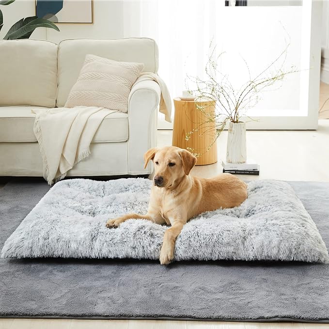 BFPETHOME Dog Bed for Large Dogs, Plush Kennel Pad for Sleeping &Ease Anxiety, Washable Mats with Anti-Slip Bottom - 48 x 28 inch, Grey