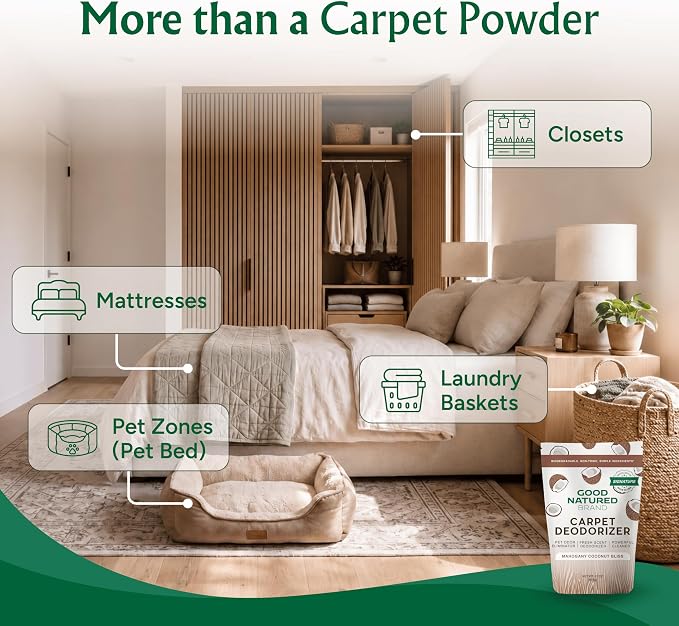 Good Natured Brand | Carpet Deodorizer & Freshener Powder | 31 oz Pet Odor Eliminator for Strong Odor & Pet Urine | Fresh Natural Mahogany Coconut Bliss Scent | Safe for Homes with Pets