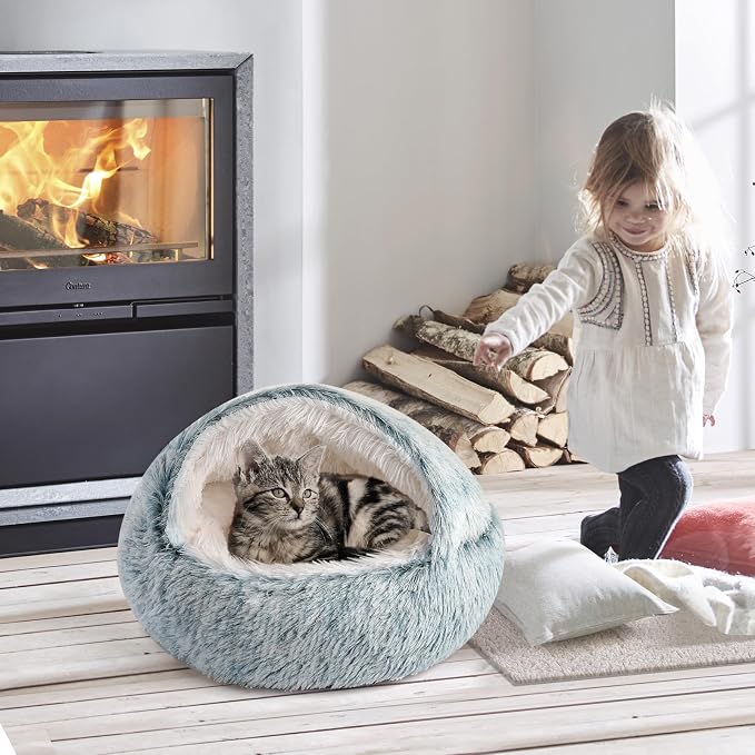 CATISM Cat Bed, Plush Hooded Cat Beds for Indoor Cats | Warm Soft Plush Comfortable Removable Washable Non-Slip Bottom
