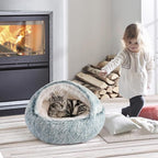 CATISM Cat Bed, Plush Hooded Cat Beds for Indoor Cats | Warm Soft Plush Comfortable Removable Washable Non-Slip Bottom