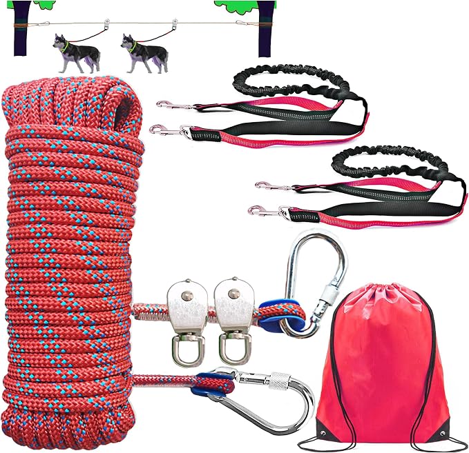 Dog Tie Out Cable for Camping, Dog Trolley System and 4ft Bungee Leash | Suitable for Dogs Up to 400lbs, Camping Yard andOutdoor Events