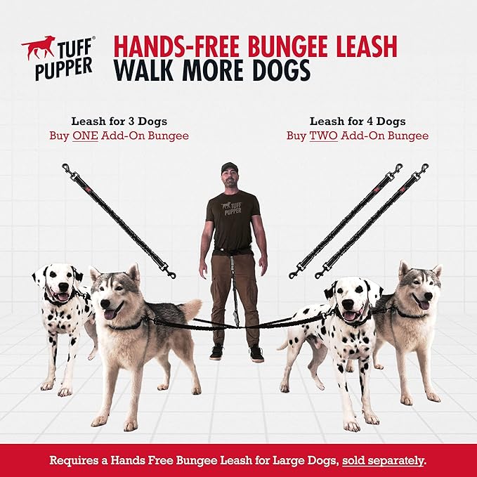 Tuff Pupper Heavy Duty Hands Free Bungee Dog Leash | Two Large Dogs Up to 250 lbs | Comfortable Shock Absorbing Bungee | Reflective Dual Padded Handles | Lumbar Waist Belt 28-50" | 360° Swivel Clips