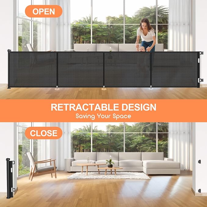 EZIGO 180 Inch Retractable Baby Gates, 41 Inch Extra Tall Retractable Gate | Reinforced Retractable Dog Gate with Rods, 15 FT Extra Long Mesh Pet Gate for Stairs Hallways Doorway Indoor Outdoor, Black