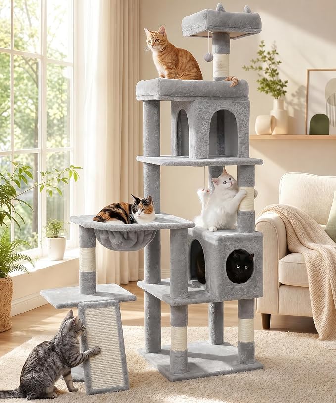 68 Inches Heavy Duty Cat Tree for Indoor Cat, Big Cat Tower | Cat Houses & Tree Tower with 2 Condos, Sisal Scratching Posts & Large Platform for Indoor Cats Large Adult, Grey