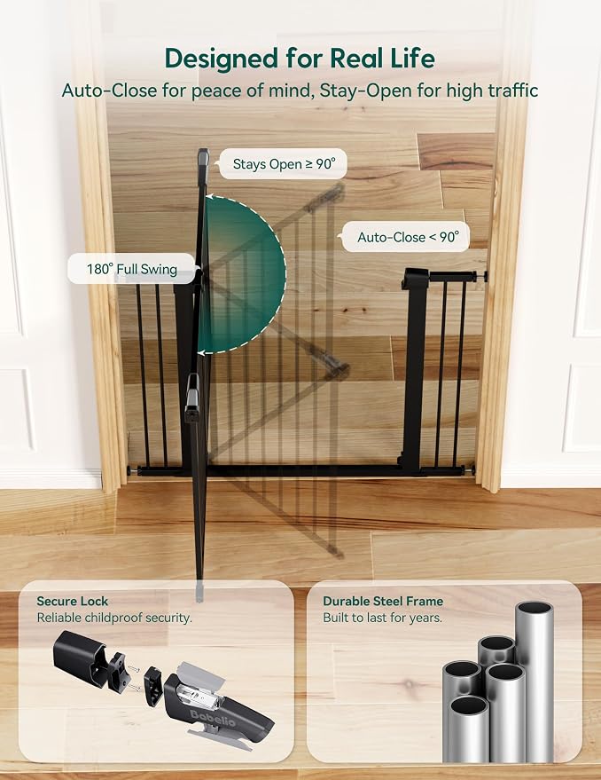 Babelio Pressure Mounted Baby Gate for Stairs, 26-40" Wide Dog Gate,2 Pack | Triple-lock System; Pressure/Wall Mount; Auto-close; 200N Impact Tested; Easy Install for Doorways, Kitchen, Hallway, Black