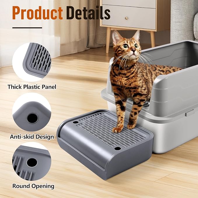 Cat Step for Litter Box, Litter Box Ramp with Filter Function, Dark Grey | Cat Litter Box Step for Kitten & Elderly Cats, Washable Double Layer Litter Catcher, Non-Slip Litter Catcher, Easy to Clean