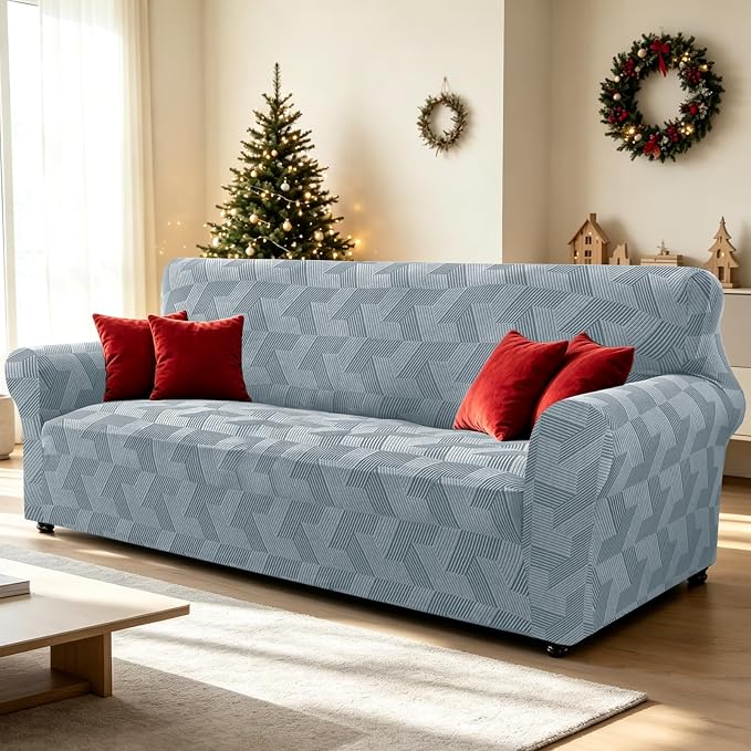 ZNSAYOTX Stretch Oversized Couch Covers for 3 Cushion Couch, 1-Piece Extra Large Sofa Cover Slipcover, Furniture Protector with Elastic Bottom Geometrical Jacquard Fabric (X-Large, Light Grey)