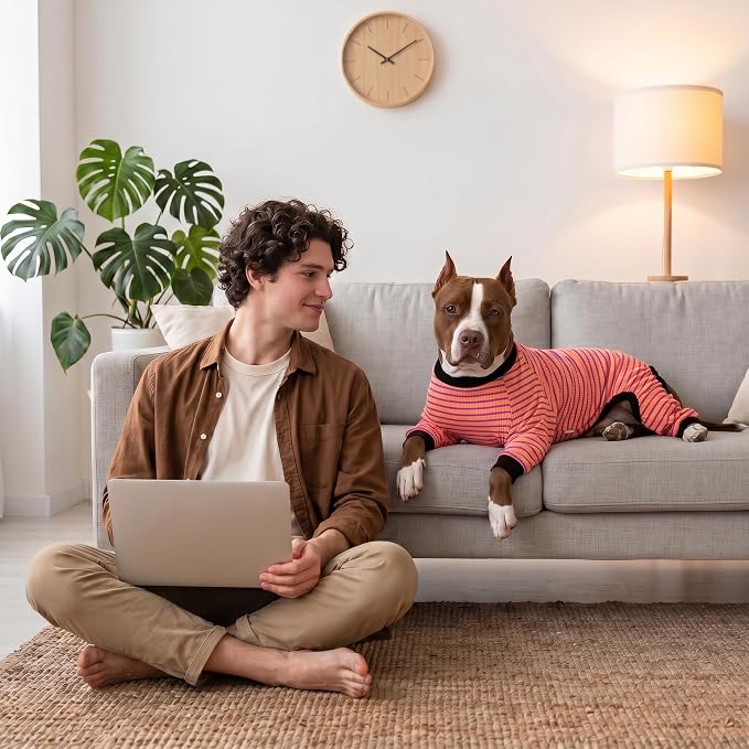 LovinPet Dog PJS Apparel for Medium Dogs, Pitbull Pure Cotton Pink Red and Purple Stripe Dog Shirt, 4-Legged Design, Full Body Coverage, Pajamas for Pitbulls, Onesies for Dogs, 2XL