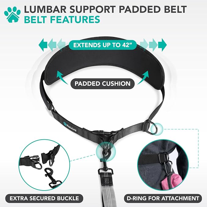 PetAmi Hands Free Double Dog Leash with Padded Lumbar Waist Belt, 360 No-Tangle Swivel Coupler, Bungee Shock Absorbing Dual Leash for Two Dogs Medium Large, Reflective, Black
