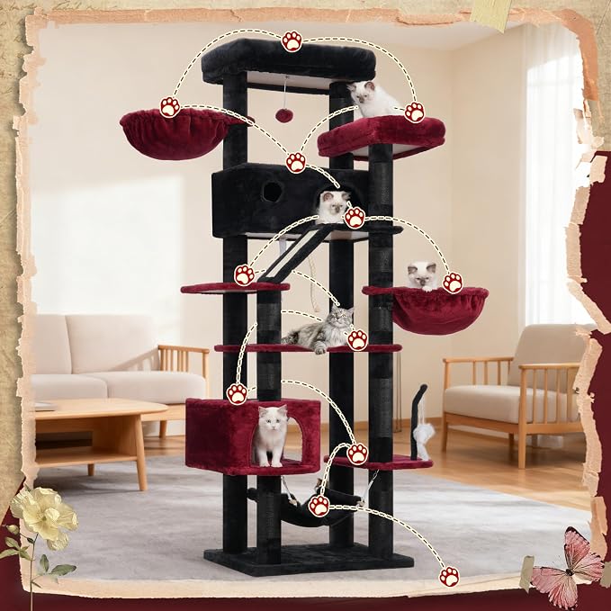 Gitelsnour Tall Cat Tree Tower for for Multiple Cats, Large Condo, GCT031BR | 78.7"(200cm) Multi-level Scratching Post for Indoor Large Adult, 2 Condo, 4 Platforms, 3 Hammock, Sisal Rope, Toys Black