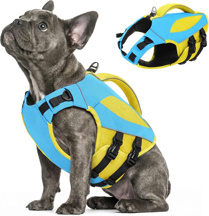Dog Life Jacket, High Flotation Dog Life Vest for Swimming, Reflective Pet Swimming Vest with Rescue Handle, Adjustable Pet Lifesaver Lifejacket for Medium Dogs, Blue Yellow M