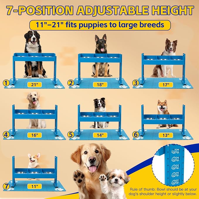Triple Elevated Dog Bowls Stand for Dogs, Adjustable Raised Dog Bowl Stand with 3 Stainless Steel Bowls, 7 Heights & 3 Tilt Angles, Tall Dog Feeding Station for Large Medium Small Dogs, Mat Included