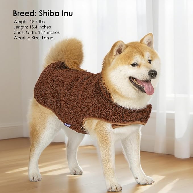 cyeollo Fleece Dog Jacket Reversible Turtleneck Furry Sweater Thick Dog Clothes for Winter Warm Cold Weather Coats for Small Medium Dogs Apparel, Brown, XL