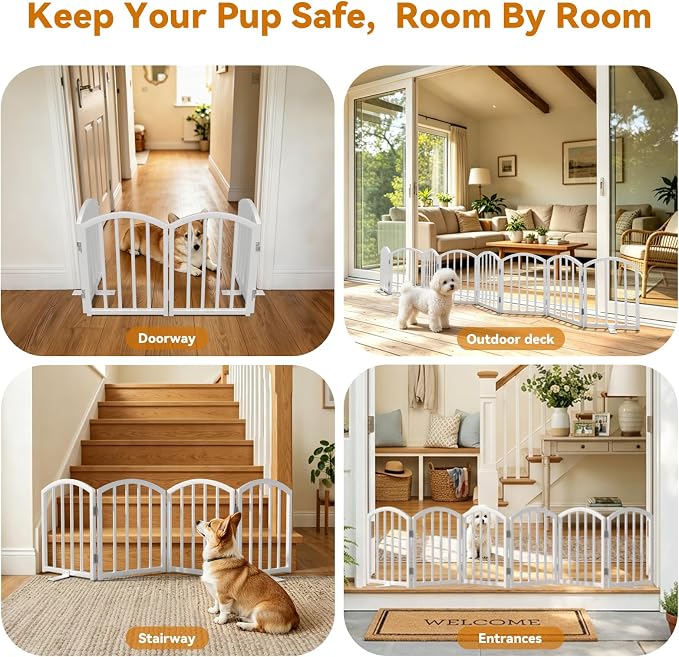 SNUOWU 16 Inch Full Metal Freestanding Short Dog Gate for Small Dogs, Foldable 6-Panel Pet Barrier, Expands Up to 72" Wide, Indoor Safety Fence for Doorway, Home & Stairs, White