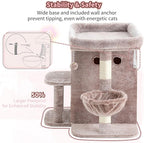 Heybly 26.3" Cat Tree for Large Cats with Big Perch & Dual Condos HCT204SMU | 26.3-inch Spacious Cat Tower with Scratching Posts, Stair-Style Cat House Furniture with Cozy Basket & Pompom, Rosy Brown