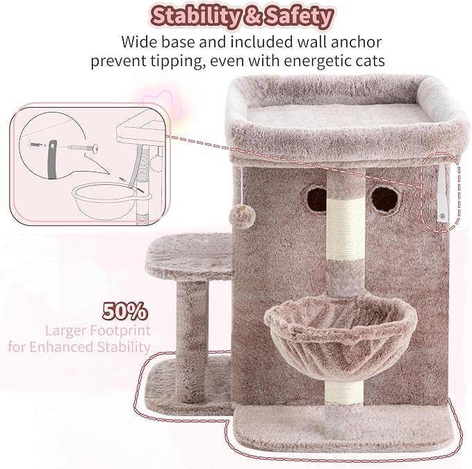 Heybly 26.3" Cat Tree for Large Cats with Big Perch & Dual Condos HCT204SMU | 26.3-inch Spacious Cat Tower with Scratching Posts, Stair-Style Cat House Furniture with Cozy Basket & Pompom, Rosy Brown