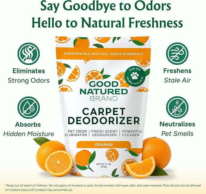Good Natured Brand | Carpet Deodorizer & Freshener Powder | 31 oz Pet Odor Eliminator for Strong Odor & Pet Urine | Fresh Natural Sweet Orange Scent | Safe for Homes with Pets