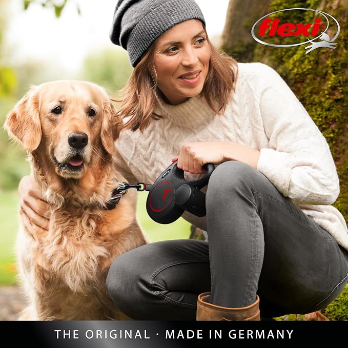 FLEXI® New Classic Tape Retractable Dog Leash, Medium 16ft -Black Red | German engineered, original flexi leash, durable quality, dogs up to 30-55 lbs, tangle-free, walking, reliable brake system