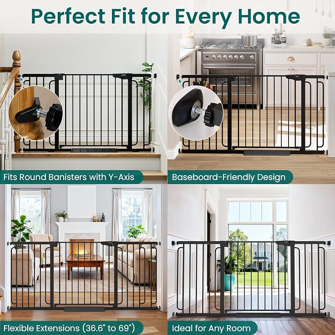 Cumbor Extra Wide Baby Gate, 36.6-69" Walk-Through Dog Gate Black | Auto-Close & Dual Lock Pet Gates for Stairs, Doorways & Hallways, 30.5" Tall Easy Install Pressure-Mounted Safety Gate Indoor