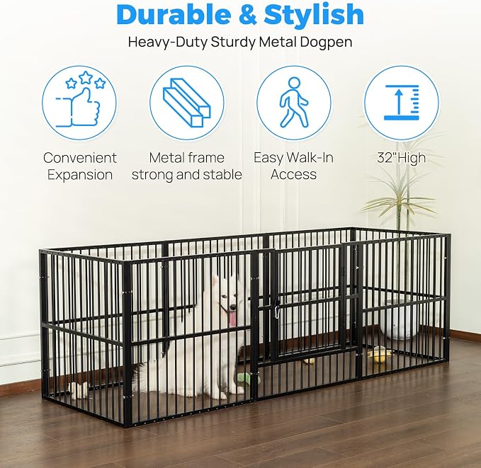 Dog Playpen 32" Height – Heavy Duty, Foldable | 25mm Steel Tubes, 40.8 lbs sturdy frame, rubber non-slip feet, indoor & outdoor, tool-free assembly, Small & Medium Dogs