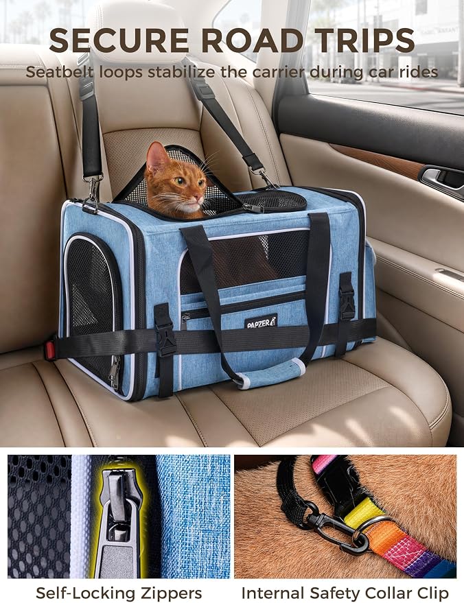 Soft Sided Pet Carrier, Travel Friendly, Small to Medium Cats 15 lbs | Seatbelt Buckles, Luggage Sleeve, Foldable Ventilated, Delta United American Airlines In-Cabin Under Seat Dog Crate Carry Bag