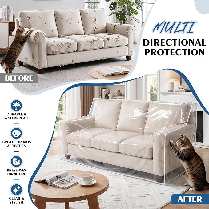 TAOCOCO Plastic Couch Cover 96" W Heavy Duty Clear 3 Seat Sofa Covers, Thick Vinyl Plastic Cover for Protection Against Cat & Dog Clawing, Waterproof & Dustproof Sofa Protector for Storage and Moving