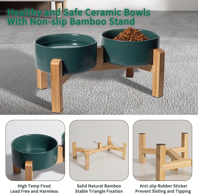 Elevated Ceramic Dog Bowl, 3.6 Cups Dog Food and Water Bowl Set with Stand | 6.1'' Double Dog Feeding Dishes, Non-Slip Raised Dog Feeder for Small and Medium Breeds, 28.74 OZ / 850 ML, White