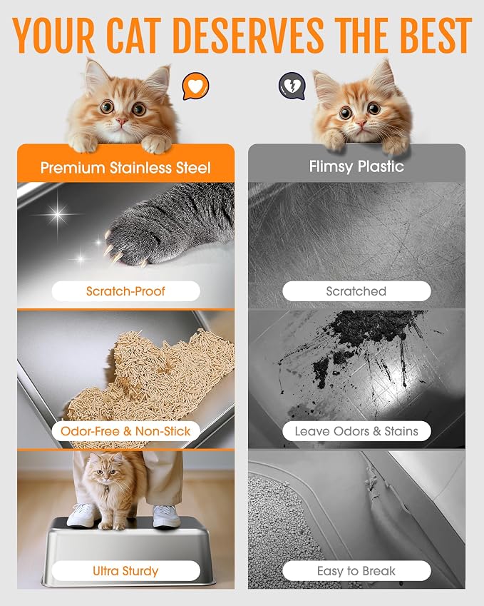 Powools Stainless Steel Cat Litter Box, High-Sided, Grey, XL (2 Pack) | Metal Litter Box with Scoop, Anti-Leakage Top Entry, Non-Sticky, Easy to Clean, 6-Inch Splash-Proof Deep Pan