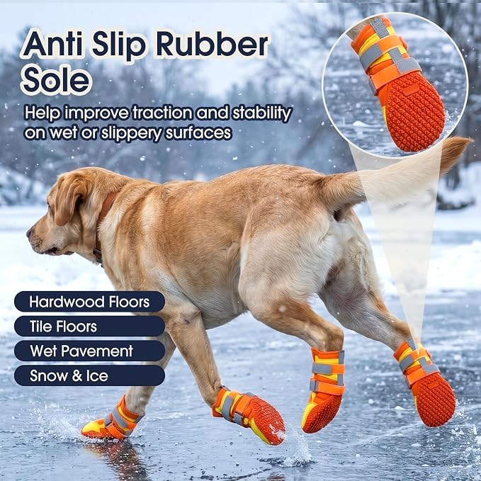 IECOii Dog Shoes for Hot/Cold Pavement, Dog Booties for Hardwood Floors | Water Resistant | Anti-Slip Rubber Sole | Secure Stay-On Fit | Reflective & Dual Adjustable |Summer Winter Paw Protector |