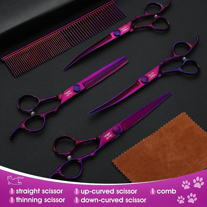 JASON Dog Grooming Scissors Set - Professional 6 in 1 Purple Shears Kit | 6.5" Thinning, 7" Straight, 7" Up-Curved, 7" Down-curved Scissors and Comb for Cat Pet with Adjustable Screw, Gift