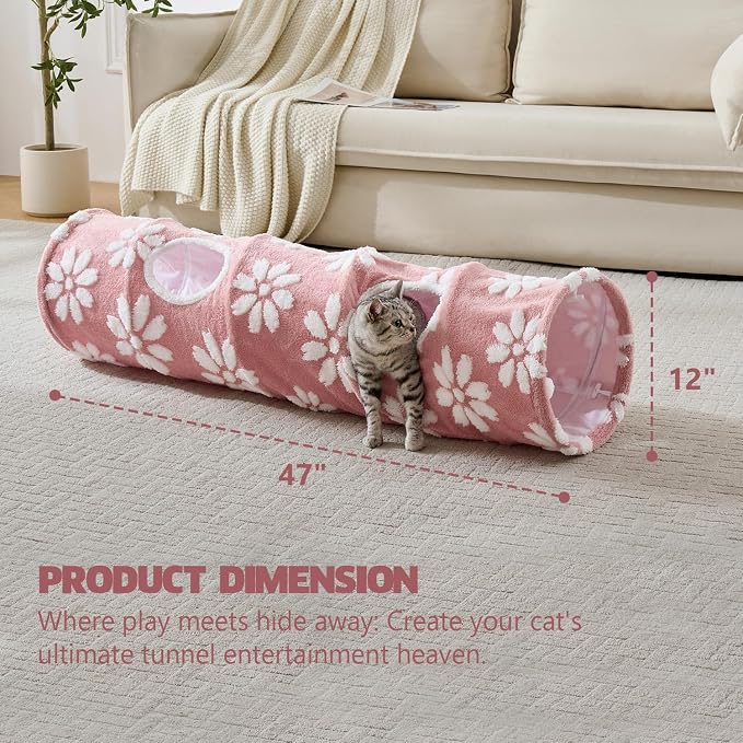 Straight Cat Tunnel for Indoor Cats 47"x12", Pink Flower | Cute Cat Toys, Collapsible Tunnel Tube with Hanging Balls for Puppy Kitten Rabbit