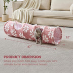 Straight Cat Tunnel for Indoor Cats 47"x12", Pink Flower | Cute Cat Toys, Collapsible Tunnel Tube with Hanging Balls for Puppy Kitten Rabbit