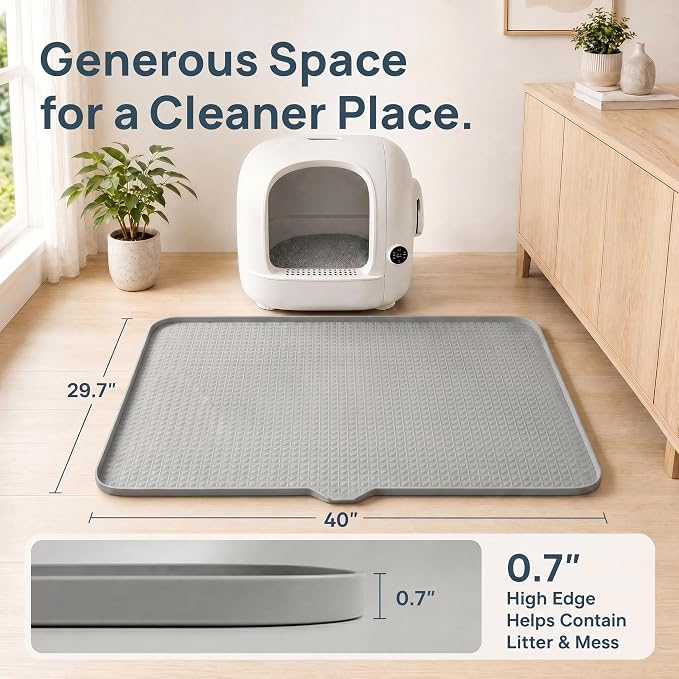 Cat Litter Mat, XL 40"x29.7" Silicone Litter Box Mat, Tilted Drain Spout | Litter Mat Fit 1-2 Boxes, Extra Wide Kitty Litter Mat, Waterproof Urine Proof, Non-Slip, Easy to Clean, High Edge