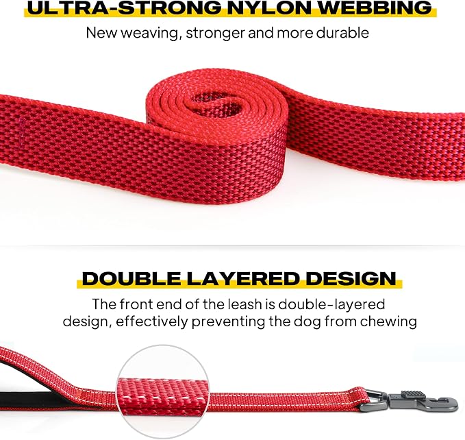 Fida 6 FT Heavy Duty Dog Leash with 2 Comfortable Padded Handles, Traffic Handle & Advanced Easy Snap Hook, Reflective Walking Lead for Large, Medium & Small Breed, Red