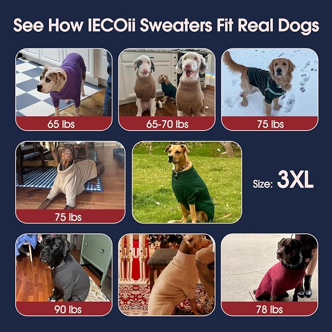 IECOii XXXL Dog Sweater,Warm Dog Sweaters for Extra Large Dogs Girl Boy,Stretchy & Cozy,Turtleneck Knitted Pullover for Pet Wear On Holiday,Easy On Doggy Sweatshirt for Labrador (White,XXXL)