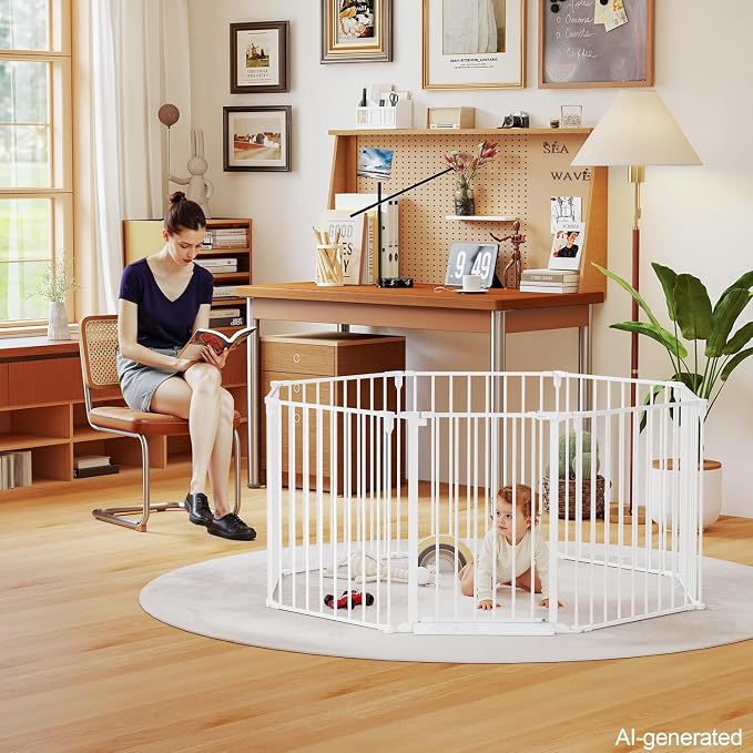 190" Extra Wide Baby Gate Playpen, Adjustable Baby Fence Play Yard | Long Dog Gates Indoor for Stair Doorway Fireplace, Large Child Gate for Toddler Kid Pet, Family Essentials Safty Gate, White